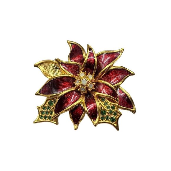 Nolan Miller Poinsettia Jewelry Set Red Enamel Gold Plated Brooch Clip On Earrin - Picture 10 of 16